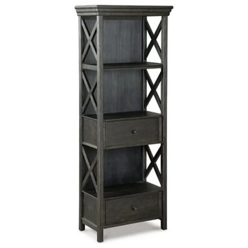 Farmhouse Bookcase, 2 Drawers & Open Shelves With X-Shaped Sides, Black/Gray