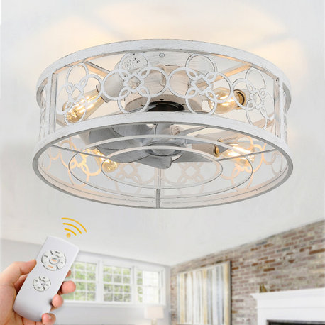 Distressed Metal Caged Flush Mount Ceiling Fan with Light and Remote, 3-Speed, White