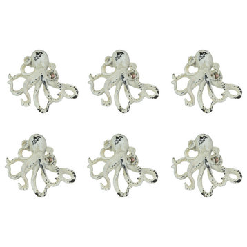 Set of 6 Distressed Finish Coastal White Cast Iron Octopus Drawer Pulls