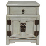 Golden Lotus - Chinese Distressed Light Gray Metal Hardware End Table Nightstand Hcs3917 - This is a side table/nightstand with rustic vintage light gray lacquer finish. It is simply decorated with metal hardware.
