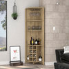 Bouvet Corner Bar Cabinet with 3 Shelves, 8 Wine Cubbies and Cup Rack, Macadamia