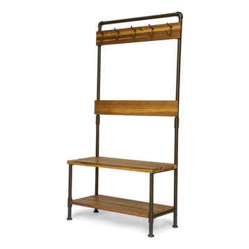 GDF Studio Carlos Outdoor Industrial Acacia Wood Bench With Shelf and Coat Hooks