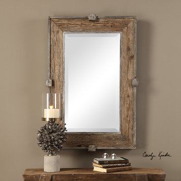 Rustic Weathered Reclaimed Wood Iron Wall Mirror, 37" Vanity Industrial Cottage