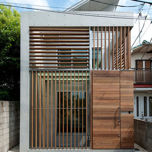 Modelo de fachada minimalista, de dos plantas, con revestimiento de hormigón y tejado de un solo tendido