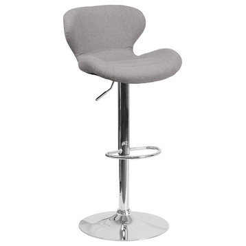 Contemporary Adjustable Height Barstool With Chrome Base, Gray Fabric