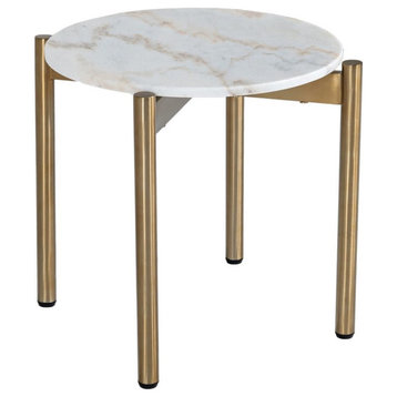 Modrest Denzel Round Marble & Stainless Steel End Table in White/Gold