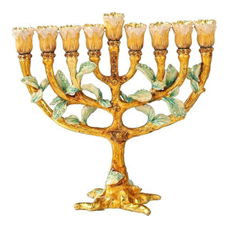Hand Painted Enamel Menorah Candelabra with a Tree and Flower Buds Design -  Traditional - Holiday Lighting - by Matashi Crystals | Houzz