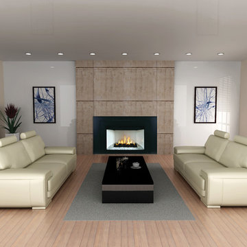 Open Concept Modern Living Room with White Detail Fireplace - White Mountain Hea