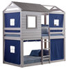 Donco Kids Deer Blind Twin Over Twin Solid Wood Bunk Bed with Blue Tent in Gray