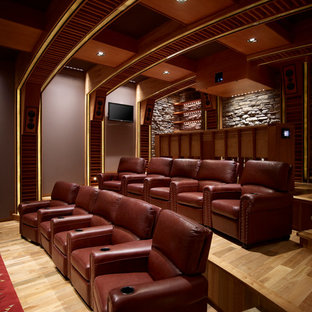 Example of a southwest beige floor home theater design in Toronto