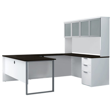Pro-Concept Plus U-Desk With Frosted Glass Door Hutch, White/Deep Gray