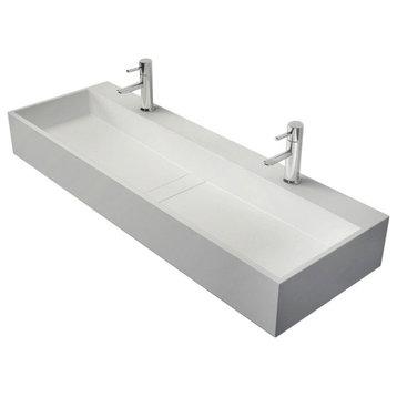 47 Inch Wall-Mount Double Sink Stone Resin Floating Trough Bathroom Sink, Matte White