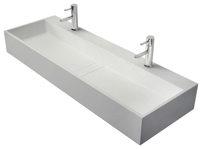 47 Inch Wall-Mount Double Sink Stone Resin Floating Trough Bathroom Sink, Matte White