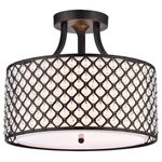 Edvivi Lighting - 3-Light Antique Black Beaded Drum Semi Flush Mount Chandelier Glam - This beautiful double drum semi-flush mount design blends traditional elegance with modern design. The antique black metal lattice is combined with octagonal crystals and is one of Edivivi's most popular designs. The outer beaded drum on this piece covers a natural linen shade that creates a glimmery and ambient glow.