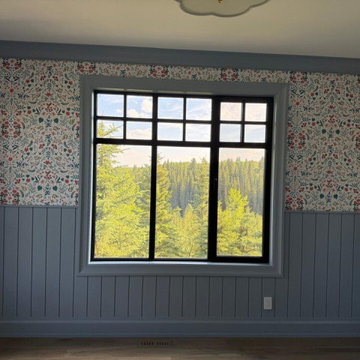 Wildflower Wallpaper Library Nook with Mirror-Matched Window Wall