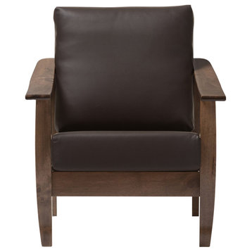 Pierce Mid-Century Modern Walnut Brown Wood and Dark Brown Faux Leather...