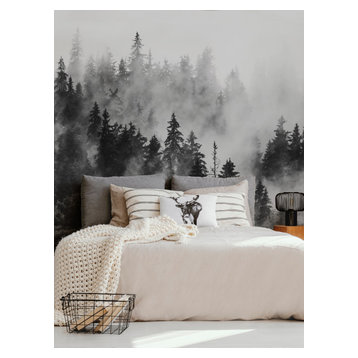 Morning Forest Fog Mural Peel and Stick Wallpaper, Black and White, 24 X 96