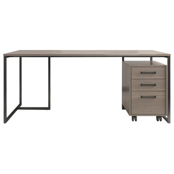 Foggio 72" Industrial Writing Desk with Filing Cabinet , Dark Gray Oak