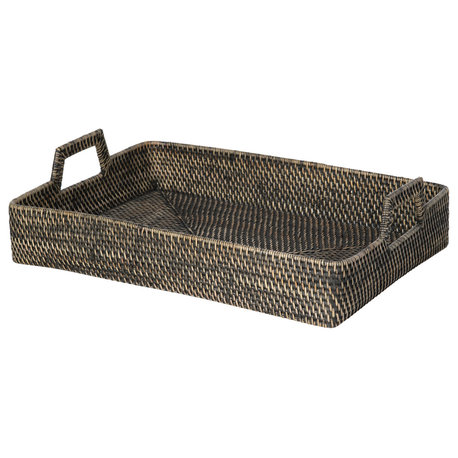 Loma Rectangular Rattan High Wall Serving Tray, Black Wash