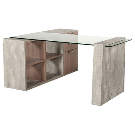 Modrest Boston Modern Tempered Glass & Faux Concrete Writing Desk in Clear/Gray