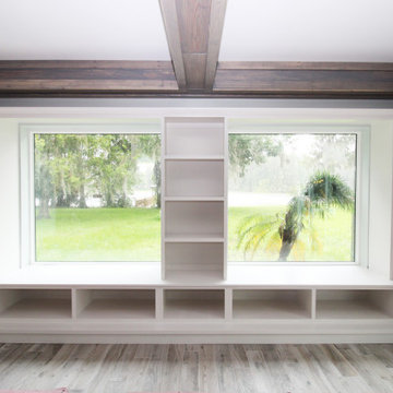 Built-In Custom Open Window Seat, Cabinets, Tall Open Bookcases