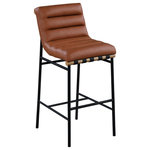 Meridian Furniture - Burke Faux Leather Bar Stool, Cognac, Vegan Leather - Kick back and relax with a drink in your hand with this Burke cognac vegan leather counter stool. Featuring soft cognac vegan leather upholstery and black vegan leather straps, this counter stool is cozy and stylish. Its matte black metal frame provides sturdy support so you can enjoy this stool for years to come. A white oak veneer metal dowel is tucked firmly in place beneath the front of the stool, providing extra support and added style.