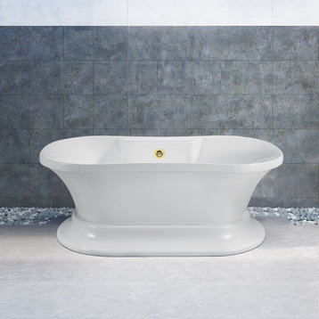 60" Soaking Free Standing Tub With External Drain, White/Gold