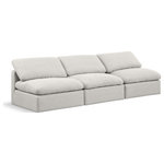 Meridian Furniture - Indulge Upholstered Modular Sofa, Cream, 3-Piece: 3 Armless Chair, Down Stuffed Linen Textured Fabric - Experience ultimate comfort and style with our cream linen textured fabric Indulge Sofa. The luxurious linen texture of the fabric will elevate the aesthetic of any room. This sofa provides ample space for you to relax while its modular build offers the option of unlimited configurations. Whether you're looking to add a stylish element to your living room or a comfortable seating option to your bedroom, this sofa is the perfect choice.