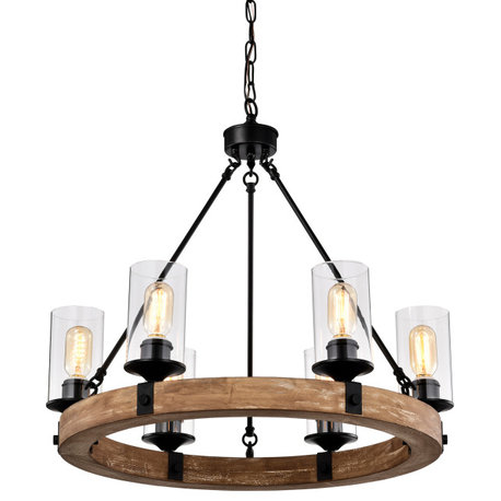 6 Light Matte Black and Vintage Wood Wheel Chandelier