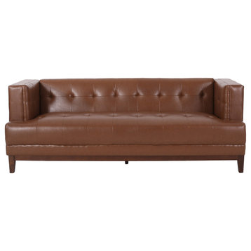 Stefan Mid Century Faux Leather Tufted 3 Seater Sofa, Cognac + Espresso