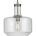 Progress Lighting - Latrobe Collection Brushed Nickel 1-Light Pendant - Introduce a pop of personality into your home with this pendant. A round ceiling plate coated in a brushed nickel finish anchors the pendant in place as the light source hangs below. A bottle-inspired clear glass shade adds a twist to a simple industrial style that brings this light fixture's vintage charm to the forefront of your home's lighting design.&nbsp