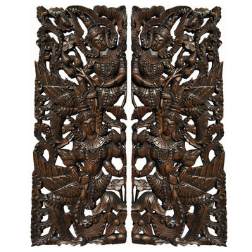 Thai Figure With Lotus Carved Wood Wall Art Panels, Brown