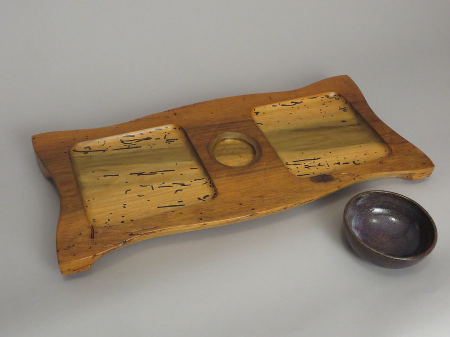 #15030 Detail. #15030 Hand-Carved Serving Tray. Reclaimed Poplar, Ceramic Bowl.