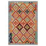 Bareens Designer Rugs - Southwestern Turkish Kilim Quincy Hand-Woven Wool Rug - 2'9'' x 3'10'' - Elevate the elegance of your home with this stunning hand-woven tribal Kilim wool rug. Meticulously crafted on a loom by the Nomad Turkman people using hand-spun wool and 100% natural vegetable dyes, these rugs are recognized for their repetitive geometric patterns, incorporating naturalistic floral and traditional designs. The contemporary fashion palette results in bold, sharp patterns that are incredibly versatile, as the pattern is the same on both sides. These reversible rugs feature a lighter shade on one side and brighter colors on the other, providing versatility according to preference. These unique rugs are made by knotting short strands of different colors onto the warps and securing them by tightly pressing the wefts. The designs are created by interweaving the various colored wefts and warps. Kilims are known for their exceptional durability and versatility, making them truly unique rugs.  Product Details    Rug Size: 2'9'' x 3'10''  Material: 100% Wool  Style: Kilim, Flat Weave, Dhurrie, Turkish, Southwestern, Rustic, Tribal  Colors: Rust, Blue  Weave Type: Hand-Woven, Handmade  Pile Height: Less than 0.25 inch
