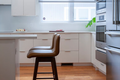Inspiration for a mid-sized modern u-shaped medium tone wood floor enclosed kitchen remodel in Other with an undermount sink, flat-panel cabinets, white cabinets, quartz countertops, white backsplash, quartz backsplash, stainless steel appliances, a peninsula and white countertops