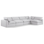 Meridian Furniture - Comfy Upholstered L-Shaped Modular Sectional, White, 5-Piece: 3 Armless Chair, 2 Corner Chair, Linen Textured Fabric - Give your space a whole new look with this white Comfy linen textured fabric sectional. This handsome sectional fits nicely with other items in the Comfy collection and is a versatile seating option designed for adaptability, comfort and style. Wrapped in rich white durable linen textured fabric upholstery, this sectional offers a plush embrace of overstuffed down feather cushions, carefully crafted to deliver the highest level of comfort. The perfect seat for creating an oasis for relaxation, this sectional has thick foam surrounding its frame for added support and coziness.