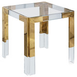 Meridian Furniture - Casper End Table, Gold - Count on this Casper square end table to rev up the contemporary look of your home. The beautiful clear glass top lets the beauty of the wood shine through. Clear acrylic feet and gold stainless steel accents lend the table a rich look. Insert this table in your living room, den, or family room to enjoy an attractively artistic spot to rest books, magazines, and beverages.