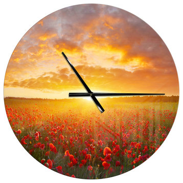 Poppy Field Under Bright Sunset Landscapes Metal Clock, 23x23