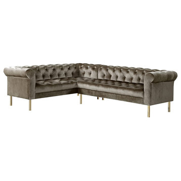 Transitional Sectional Sofa, Button Tufted Velvet Seat With Rolled Arms, Taupe