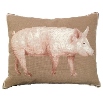 Throw Pillow Needlepoint Pig American Yorkshire Dog 16x20 20x16 Taupe