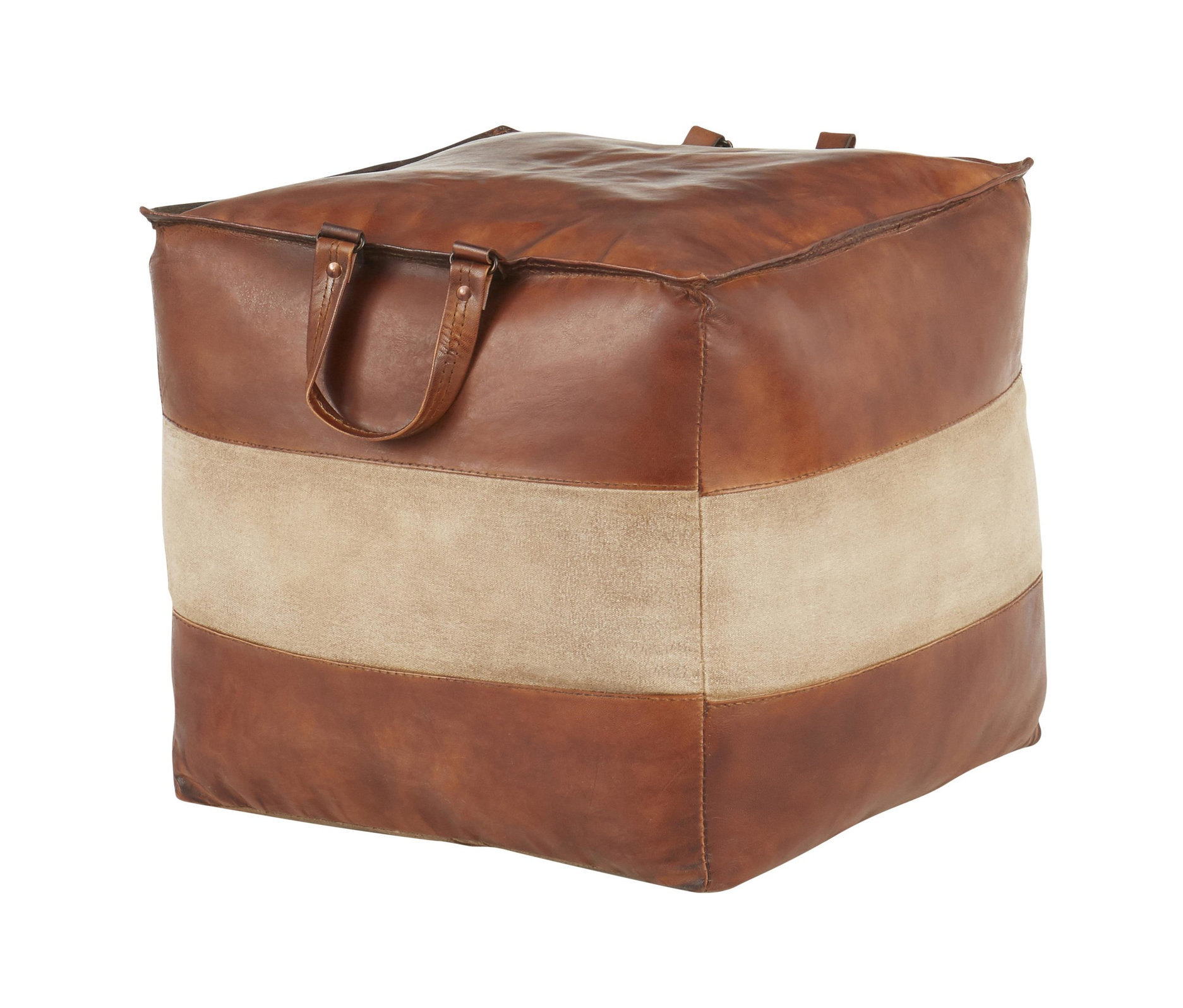 Cobbler Pouf, Brown Leather, Tan Canvas