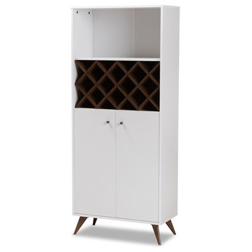 Mid-Century Modern White And Walnut Finished Wood Wine Cabinet