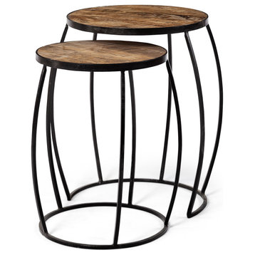 Clapp IV Medium Brown Solid Wood w/Black Iron Frame Nesting Tables