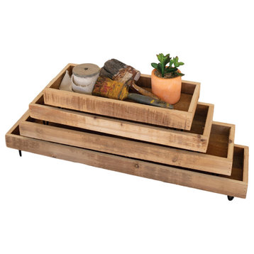 Natural Rustic Recycled Wood Rectangle Tray 4-Piece Set Stackable Metal Board