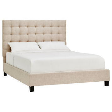 Andrian Button Tufted Linen Upholstered Panel Bed, Beige, Queen