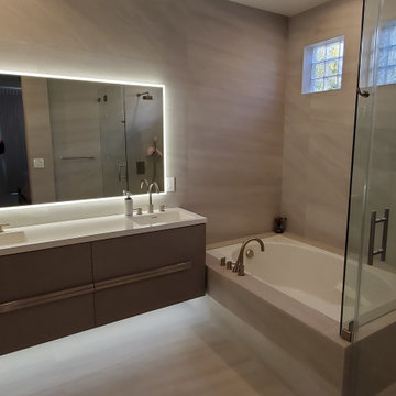Master bathroom gray modern backlit mirror
