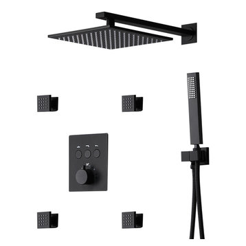 Thermostatic Rain Shower System,Matte Black Rain Shower Head with Hand Shower, 1