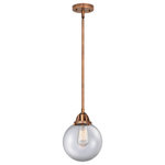 Innovations Lighting - Beacon Mini Pendant, Antique Copper, Clear, Clear - The Nouveau 2 is a highly detailed work of art that draws the eyes into its base and arm detail. The true show stopping piece is the beautifully curved glass shade that's sure to wow you and guests alike.