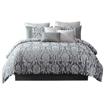 Benzara BM283920 9 Piece Queen Comforter Set, Gray Silver Velvet Damask Print