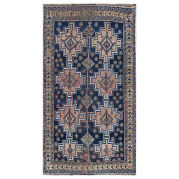 Navy Blue Vintage Worn Down Persian Qashqai Hand Knotted Wool Rug, 3'10" x 7'0"